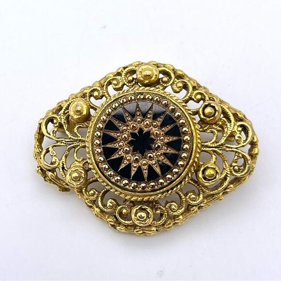 Vintage Ornate Gold-Tone Filigree Brooch Pin Black Starburst Florenza-Style - Picture 6 of 10